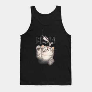 meow slogan with cute cat reaching for fish bait illustration Tank Top